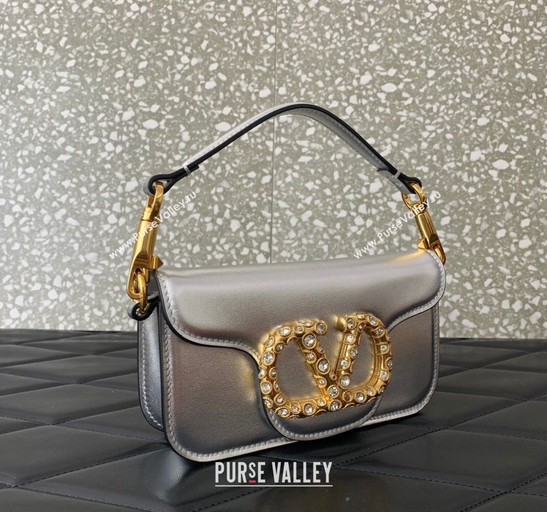 Valentino Loco Small Shoulder Bag in Laminated Calfskin with Jewel Logo Silver 2025 5061 (LKF-250407086)