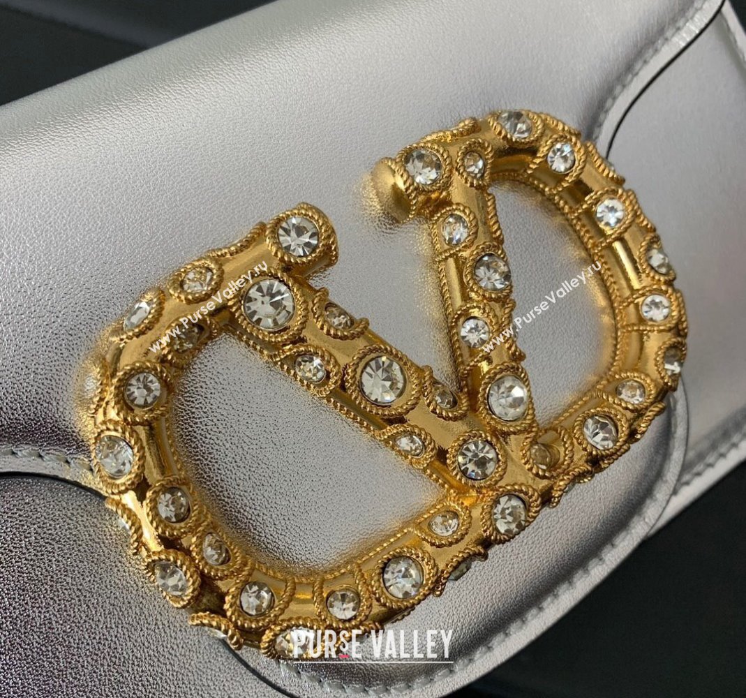 Valentino Loco Small Shoulder Bag in Laminated Calfskin with Jewel Logo Silver 2025 5061 (LKF-250407086)