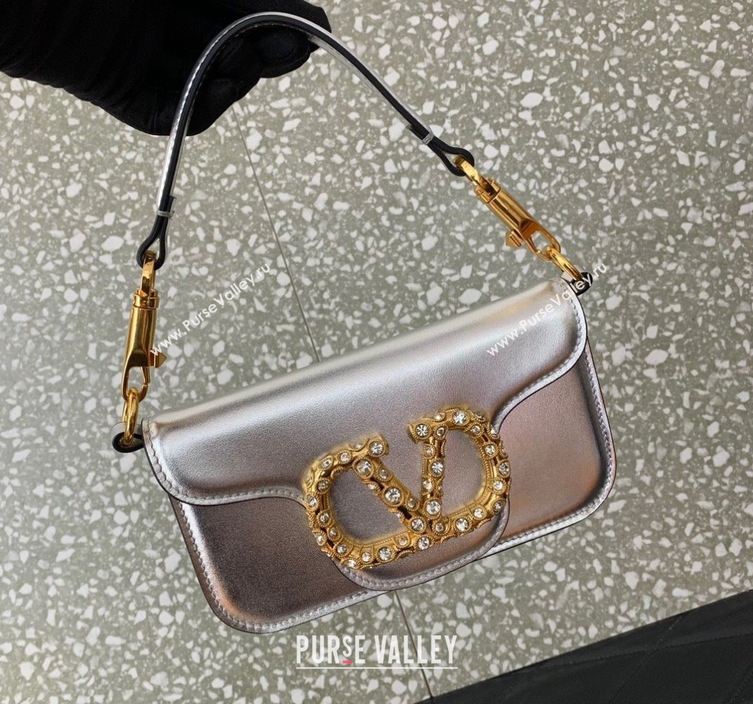Valentino Loco Small Shoulder Bag in Laminated Calfskin with Jewel Logo Silver 2025 5061 (LKF-250407086)