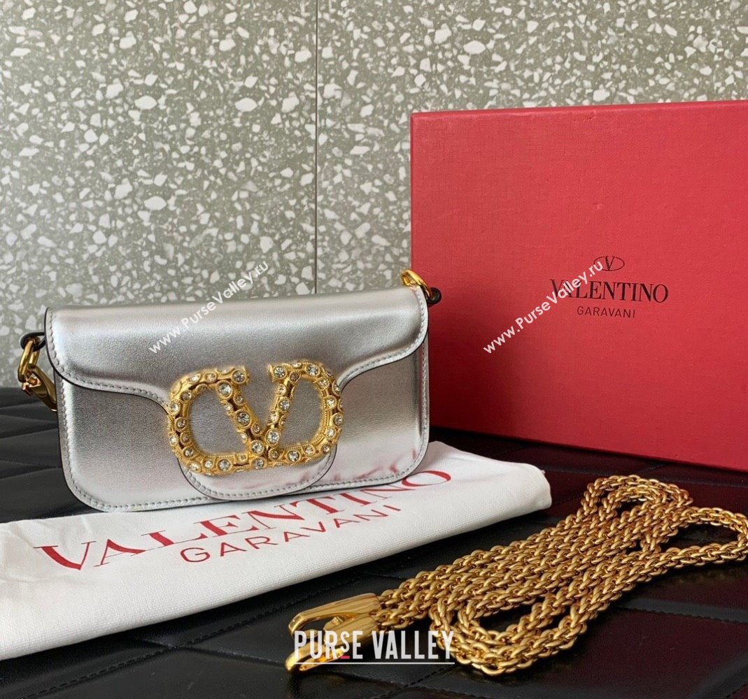 Valentino Loco Small Shoulder Bag in Laminated Calfskin with Jewel Logo Silver 2025 5061 (LKF-250407086)