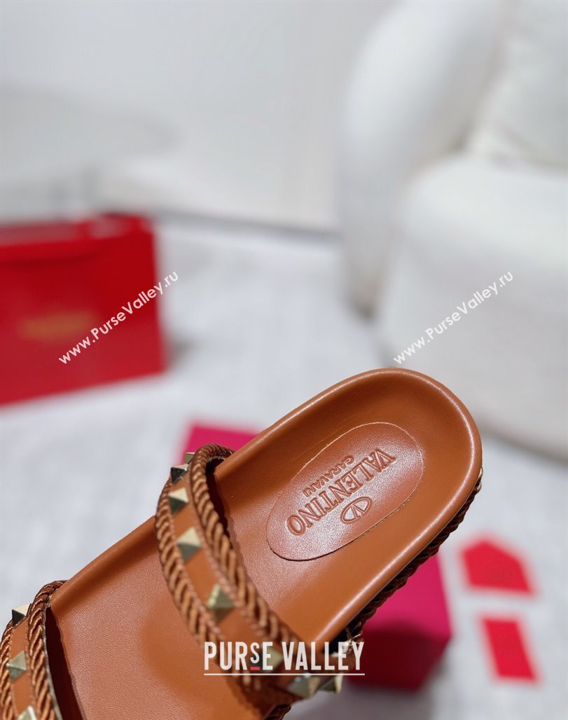 Valentino Rockstud Flat Slides Sandal in Calfskin and Cord Brown2 2025 VLTN042801 (MD-250428004)