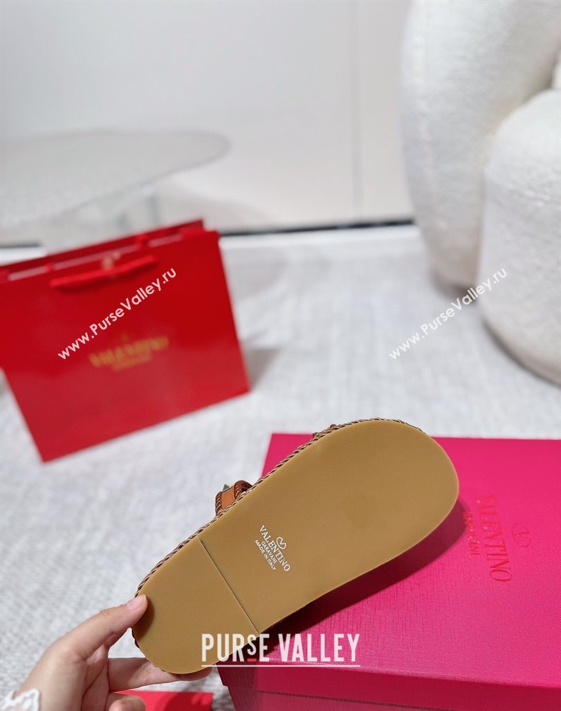 Valentino Rockstud Flat Slides Sandal in Calfskin and Cord Brown2 2025 VLTN042801 (MD-250428004)