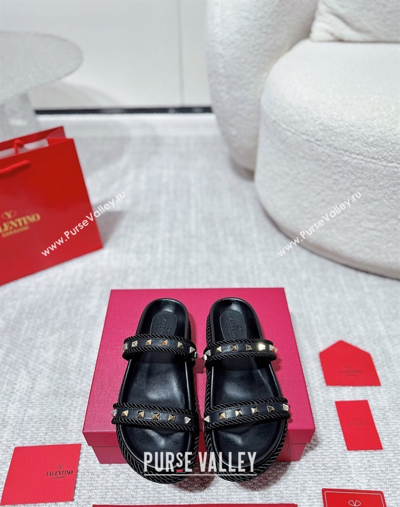 Valentino Rockstud Flat Slides Sandal in Calfskin and Cord Black 2025 VLTN042801 (MD-250428005)