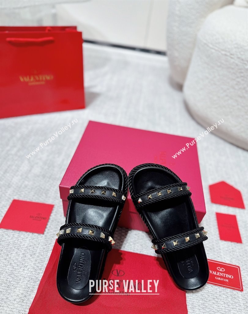 Valentino Rockstud Flat Slides Sandal in Calfskin and Cord Black 2025 VLTN042801 (MD-250428005)