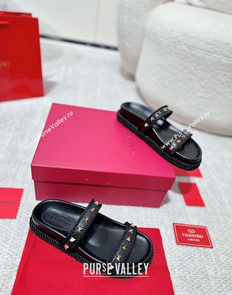 Valentino Rockstud Flat Slides Sandal in Calfskin and Cord Black 2025 VLTN042801 (MD-250428005)