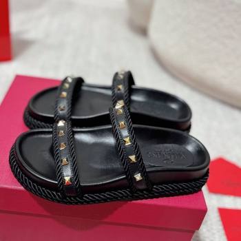 Valentino Rockstud Flat Slides Sandal in Calfskin and Cord Black 2025 VLTN042801 (MD-250428005)
