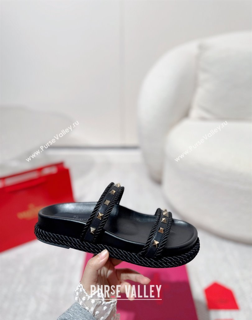 Valentino Rockstud Flat Slides Sandal in Calfskin and Cord Black 2025 VLTN042801 (MD-250428005)