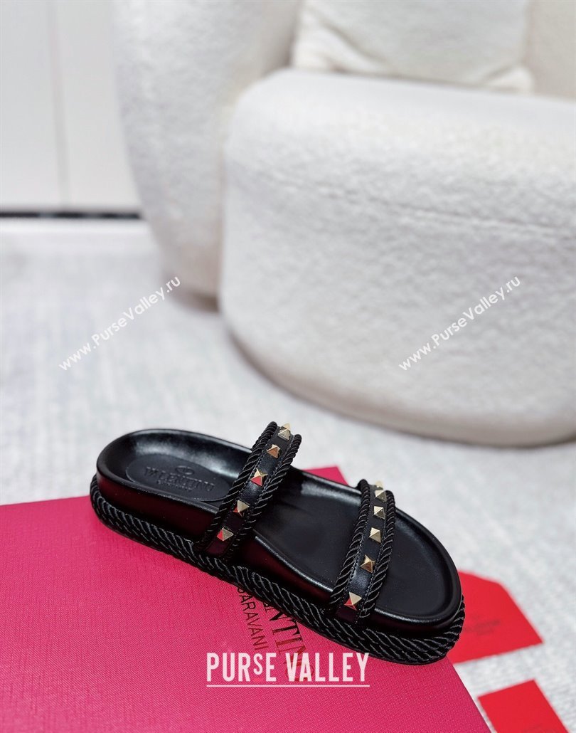 Valentino Rockstud Flat Slides Sandal in Calfskin and Cord Black 2025 VLTN042801 (MD-250428005)