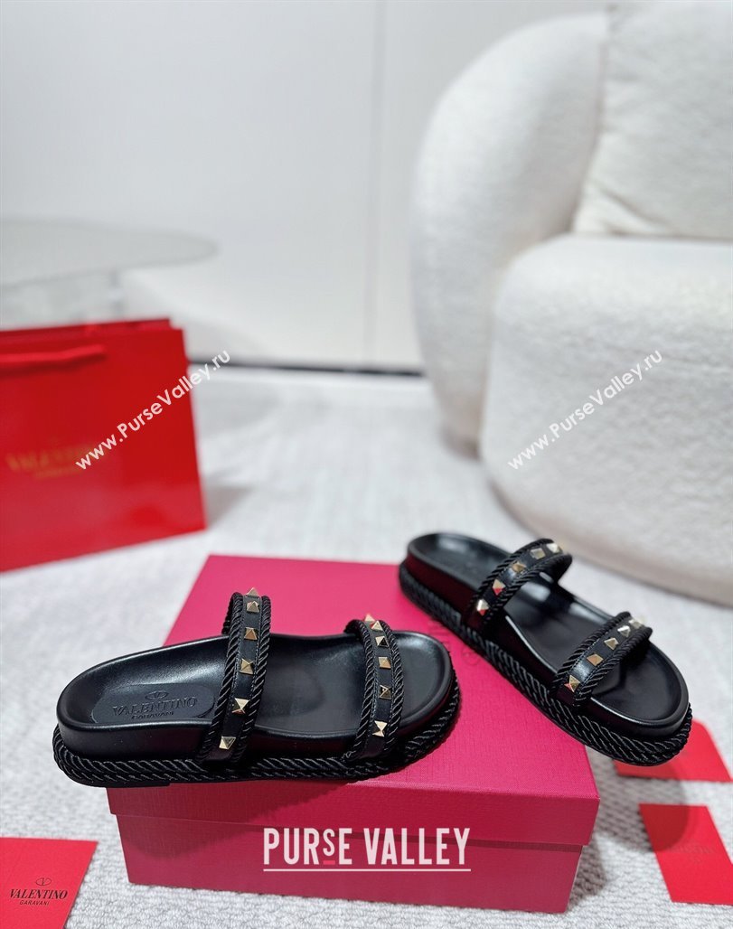 Valentino Rockstud Flat Slides Sandal in Calfskin and Cord Black 2025 VLTN042801 (MD-250428005)