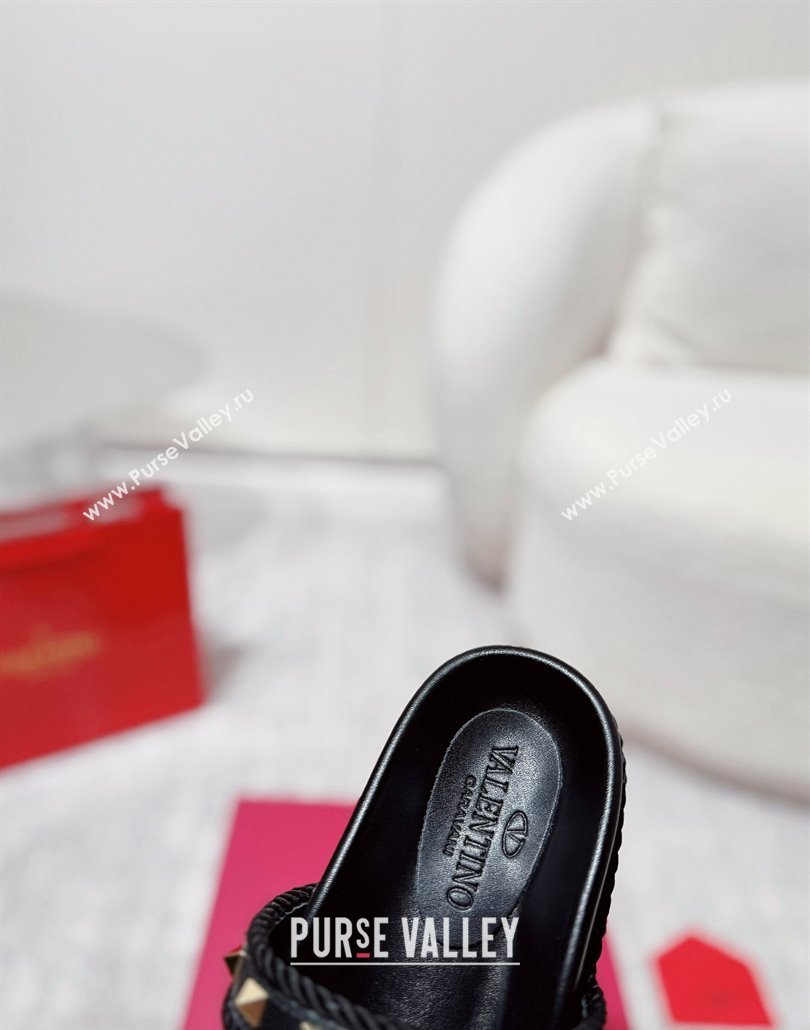 Valentino Rockstud Flat Slides Sandal in Calfskin and Cord Black 2025 VLTN042801 (MD-250428005)