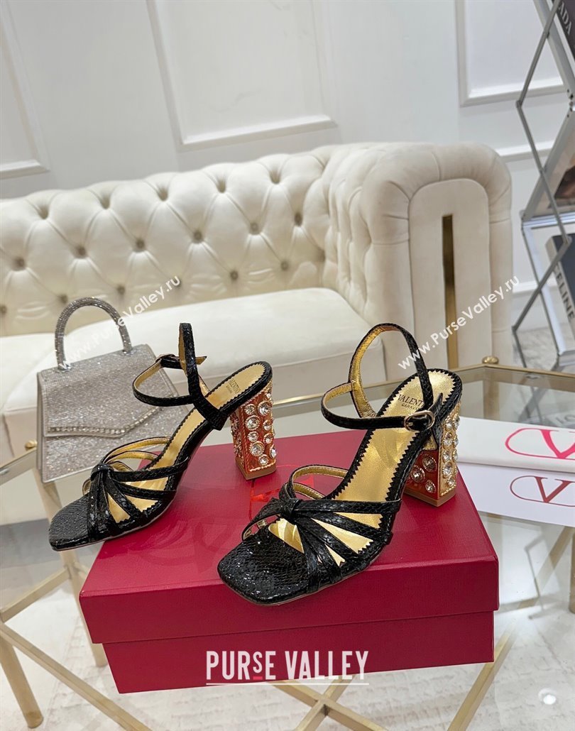 Valentino Preshoes Heel Sandals 9cm in Laminated Snakeskin Embossed Leather Black 2025 (XL-250428007)
