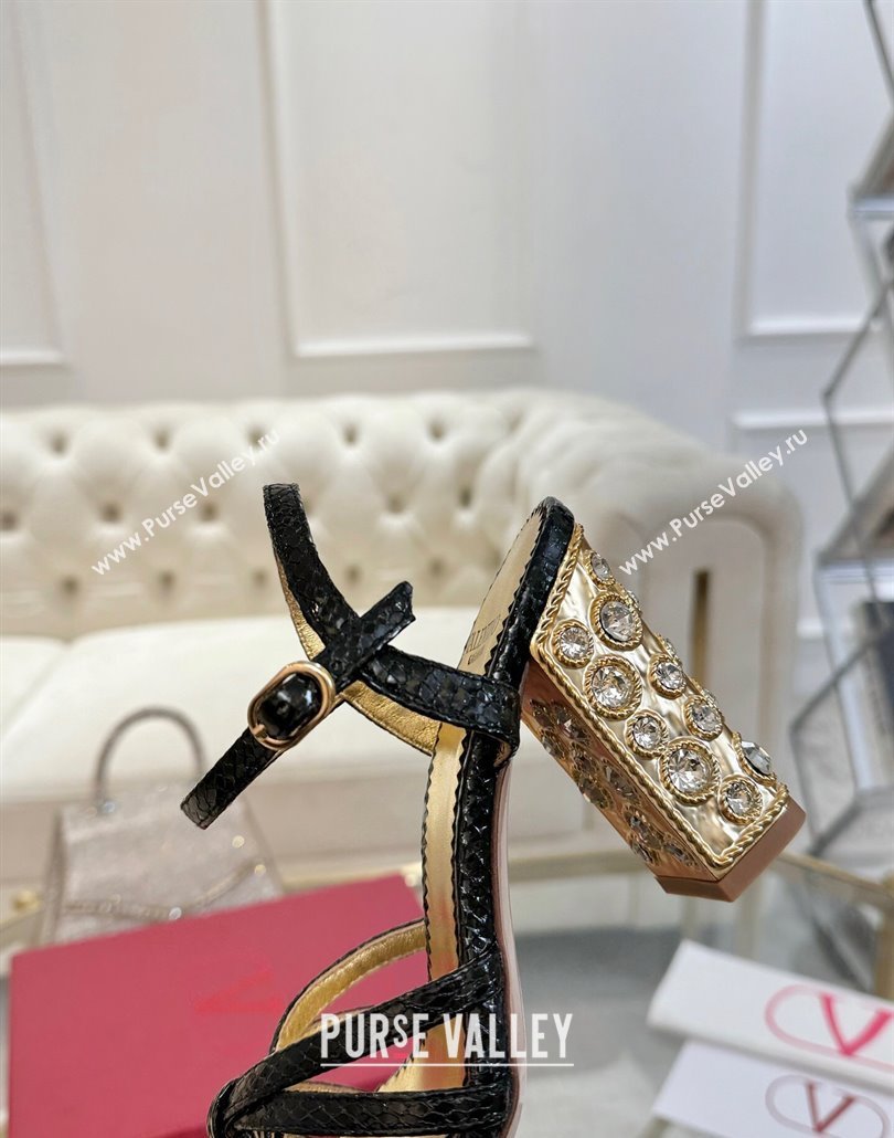 Valentino Preshoes Heel Sandals 9cm in Laminated Snakeskin Embossed Leather Black 2025 (XL-250428007)