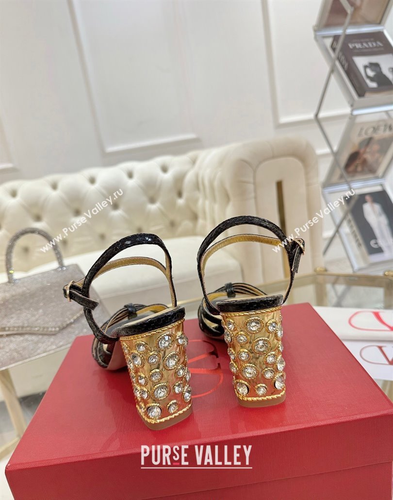 Valentino Preshoes Heel Sandals 9cm in Laminated Snakeskin Embossed Leather Black 2025 (XL-250428007)