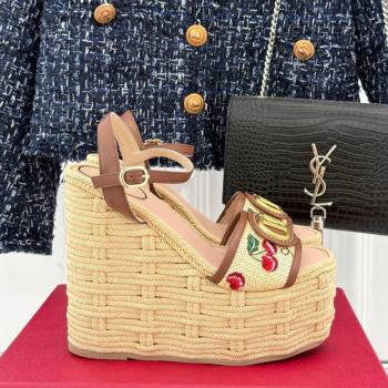 Valentino VLogo Signature Cherryfic Wedge Sandals 12cm in Jacquard Synthetic Raffia and Rope Brown 2025 (MD-250428014)