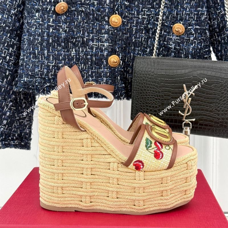 Valentino VLogo Signature Cherryfic Wedge Sandals 12cm in Jacquard Synthetic Raffia and Rope Brown 2025 (MD-250428014)