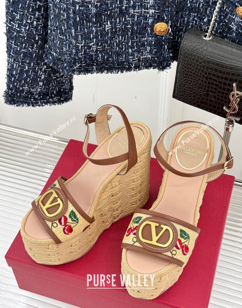 Valentino VLogo Signature Cherryfic Wedge Sandals 12cm in Jacquard Synthetic Raffia and Rope Brown 2025 (MD-250428014)