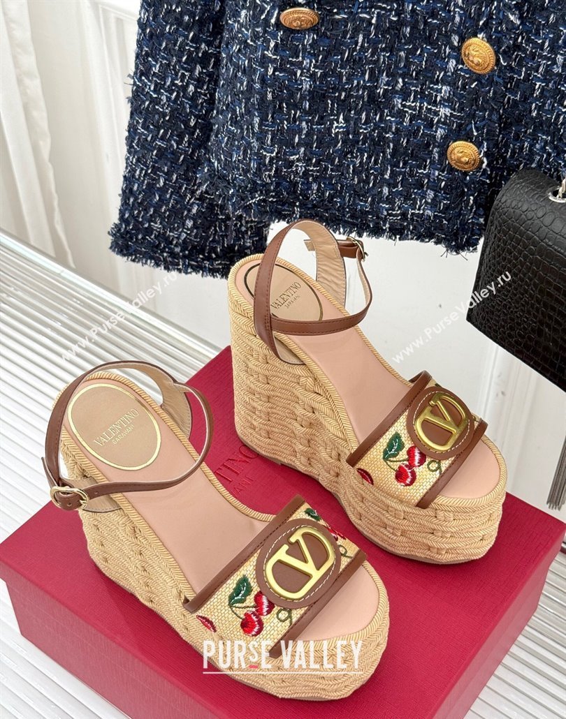 Valentino VLogo Signature Cherryfic Wedge Sandals 12cm in Jacquard Synthetic Raffia and Rope Brown 2025 (MD-250428014)