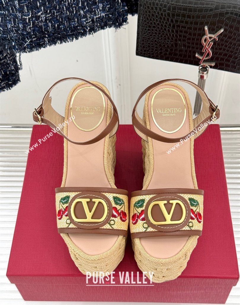 Valentino VLogo Signature Cherryfic Wedge Sandals 12cm in Jacquard Synthetic Raffia and Rope Brown 2025 (MD-250428014)
