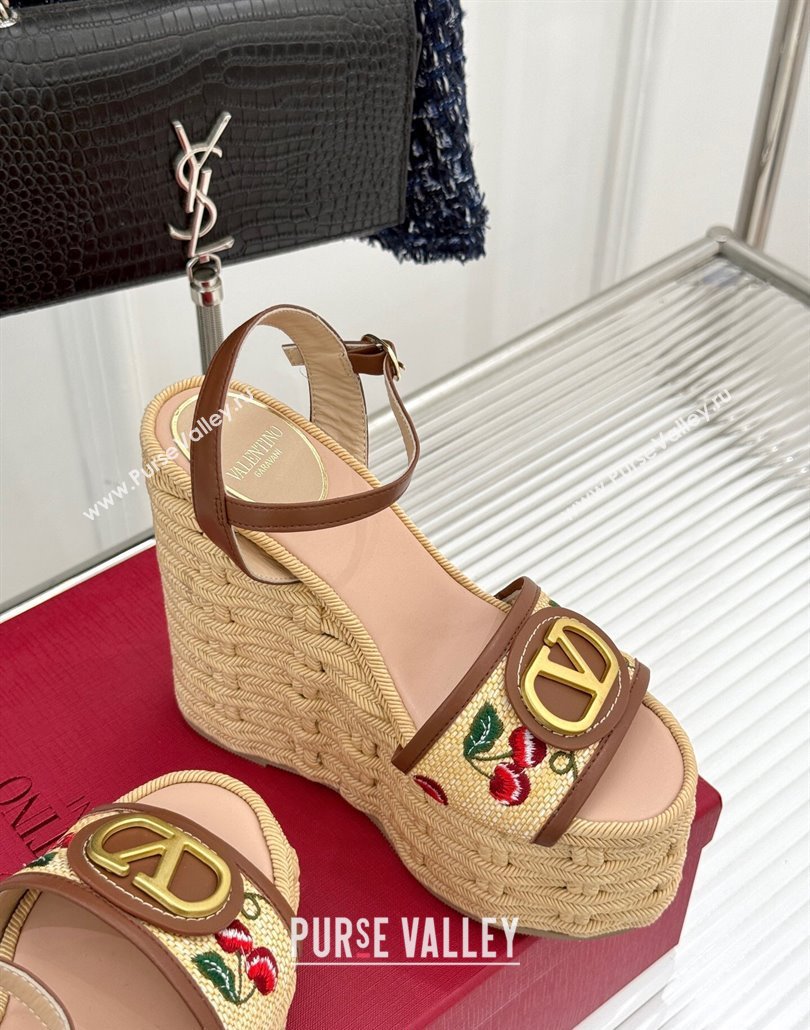 Valentino VLogo Signature Cherryfic Wedge Sandals 12cm in Jacquard Synthetic Raffia and Rope Brown 2025 (MD-250428014)