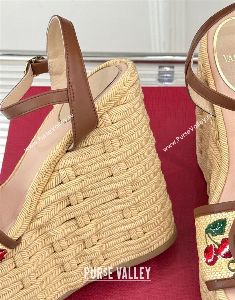 Valentino VLogo Signature Cherryfic Wedge Sandals 12cm in Jacquard Synthetic Raffia and Rope Brown 2025 (MD-250428014)