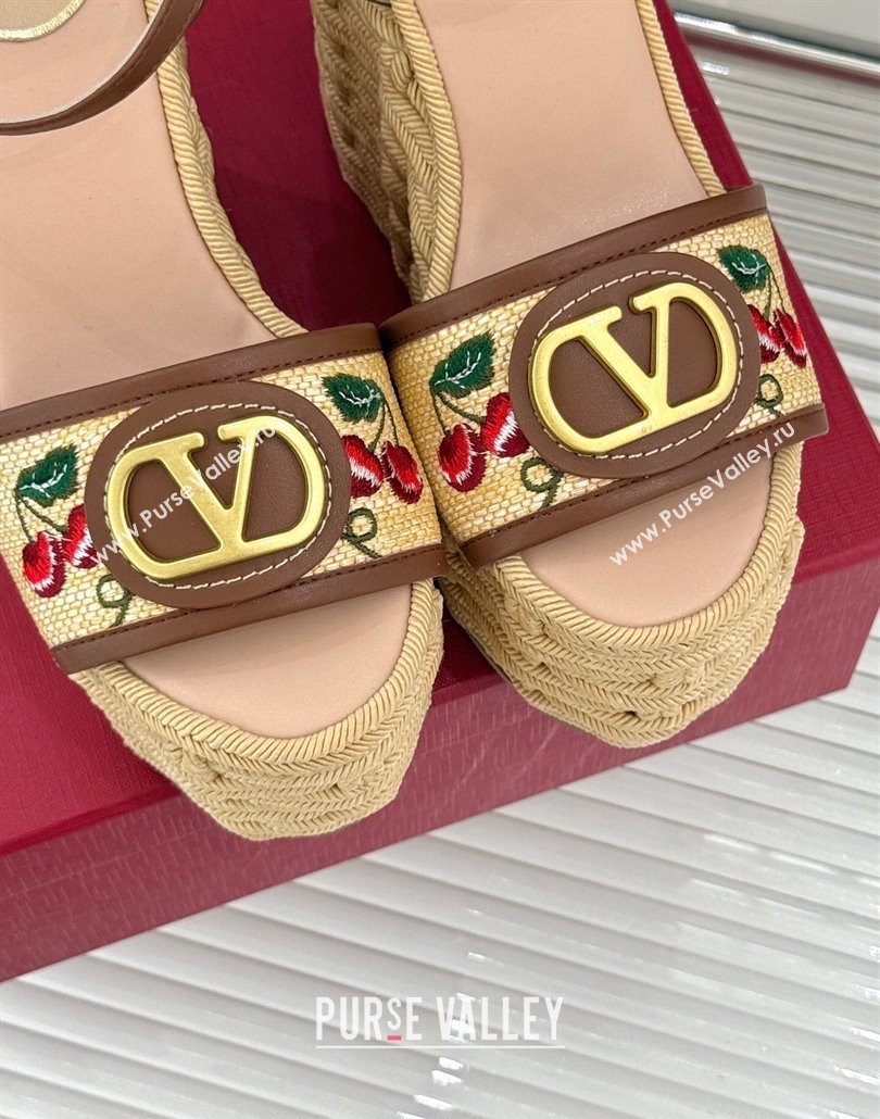 Valentino VLogo Signature Cherryfic Wedge Sandals 12cm in Jacquard Synthetic Raffia and Rope Brown 2025 (MD-250428014)