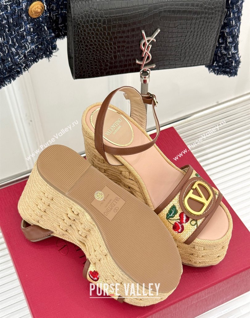 Valentino VLogo Signature Cherryfic Wedge Sandals 12cm in Jacquard Synthetic Raffia and Rope Brown 2025 (MD-250428014)