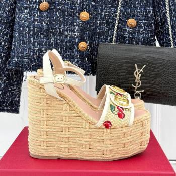 Valentino VLogo Signature Cherryfic Wedge Sandals 12cm in Jacquard Synthetic Raffia and Rope White 2025 (MD-250428015)