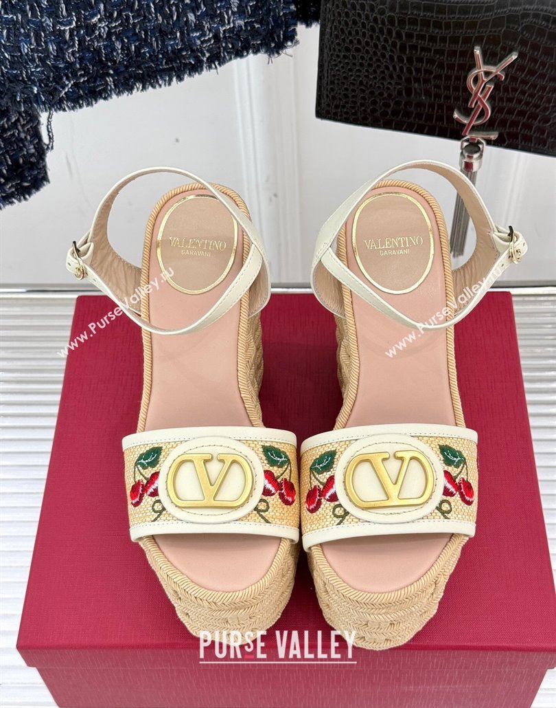 Valentino VLogo Signature Cherryfic Wedge Sandals 12cm in Jacquard Synthetic Raffia and Rope White 2025 (MD-250428015)