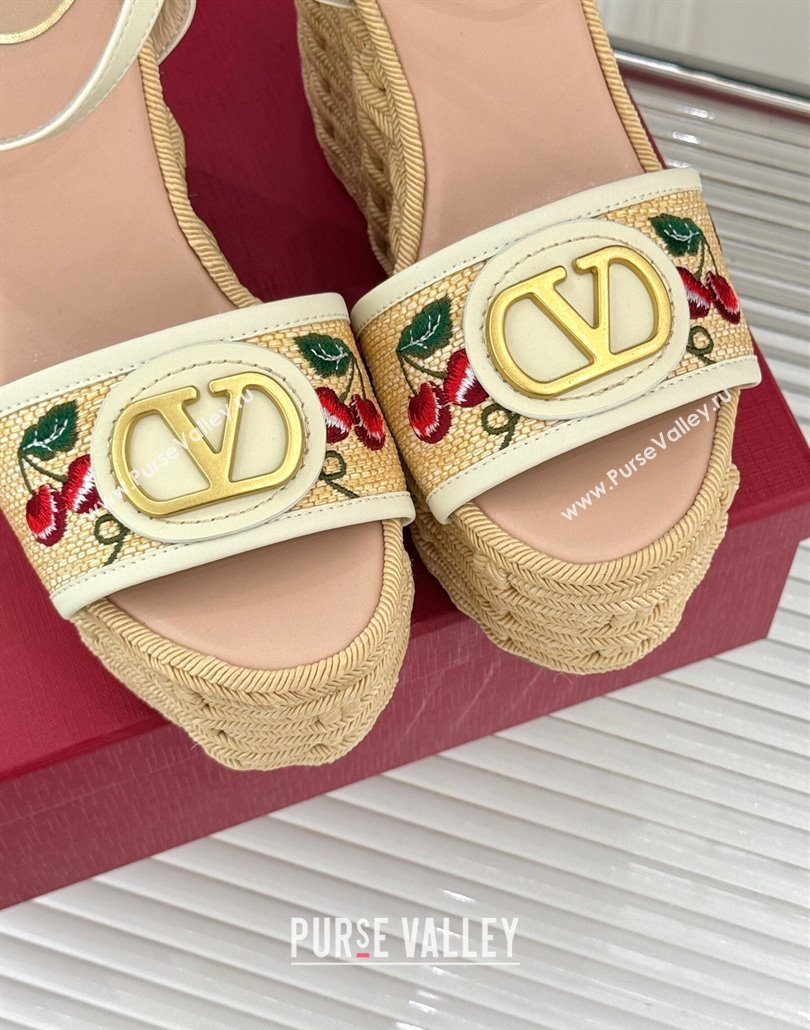 Valentino VLogo Signature Cherryfic Wedge Sandals 12cm in Jacquard Synthetic Raffia and Rope White 2025 (MD-250428015)