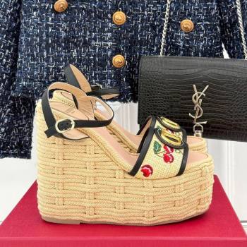 Valentino VLogo Signature Cherryfic Wedge Sandals 12cm in Jacquard Synthetic Raffia and Rope Black 2025 (MD-250428016)