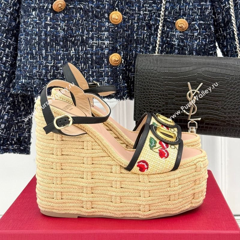 Valentino VLogo Signature Cherryfic Wedge Sandals 12cm in Jacquard Synthetic Raffia and Rope Black 2025 (MD-250428016)