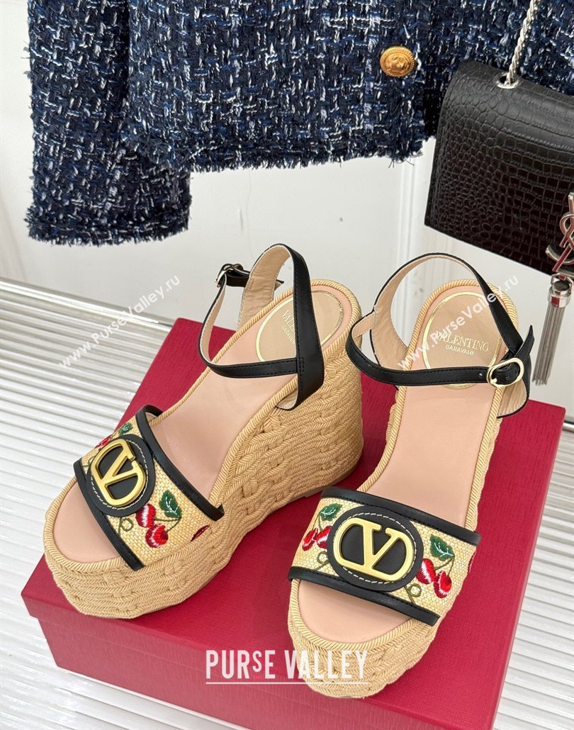 Valentino VLogo Signature Cherryfic Wedge Sandals 12cm in Jacquard Synthetic Raffia and Rope Black 2025 (MD-250428016)
