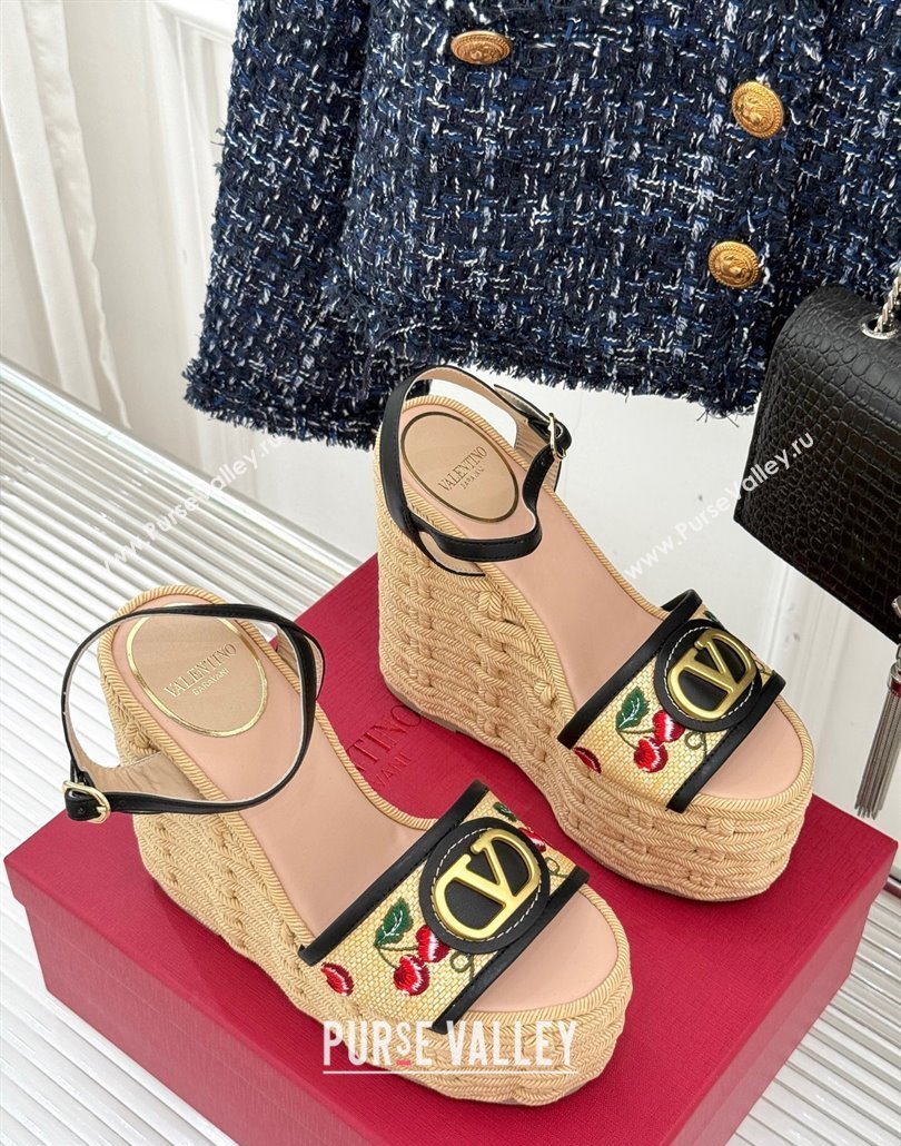Valentino VLogo Signature Cherryfic Wedge Sandals 12cm in Jacquard Synthetic Raffia and Rope Black 2025 (MD-250428016)