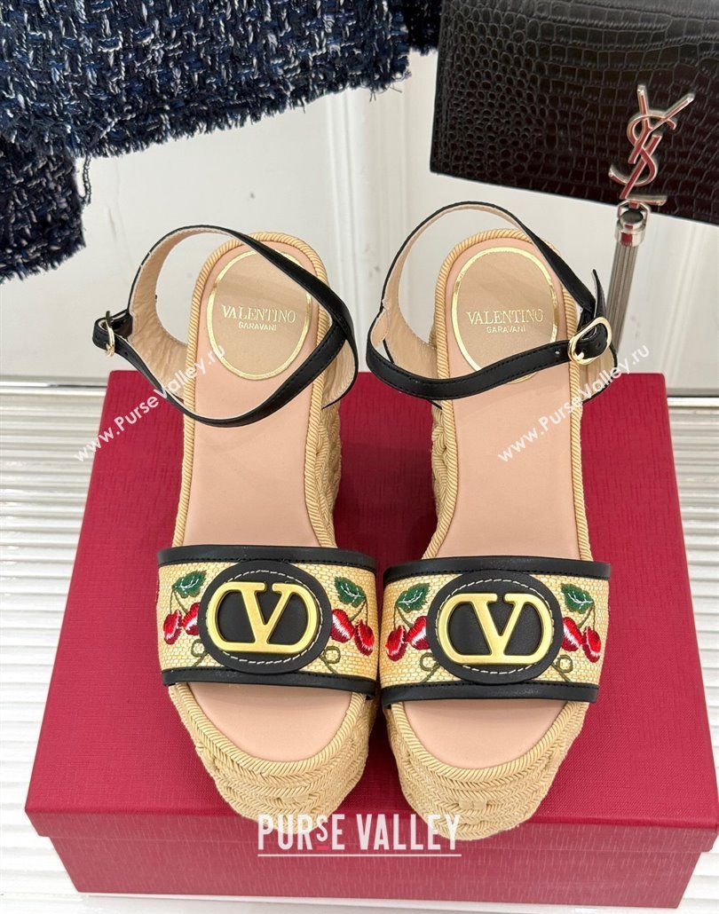 Valentino VLogo Signature Cherryfic Wedge Sandals 12cm in Jacquard Synthetic Raffia and Rope Black 2025 (MD-250428016)