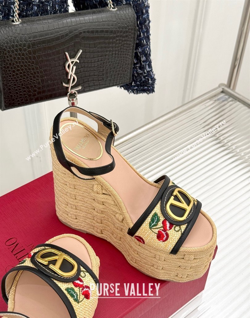 Valentino VLogo Signature Cherryfic Wedge Sandals 12cm in Jacquard Synthetic Raffia and Rope Black 2025 (MD-250428016)