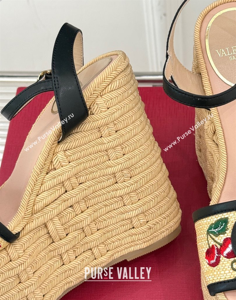 Valentino VLogo Signature Cherryfic Wedge Sandals 12cm in Jacquard Synthetic Raffia and Rope Black 2025 (MD-250428016)