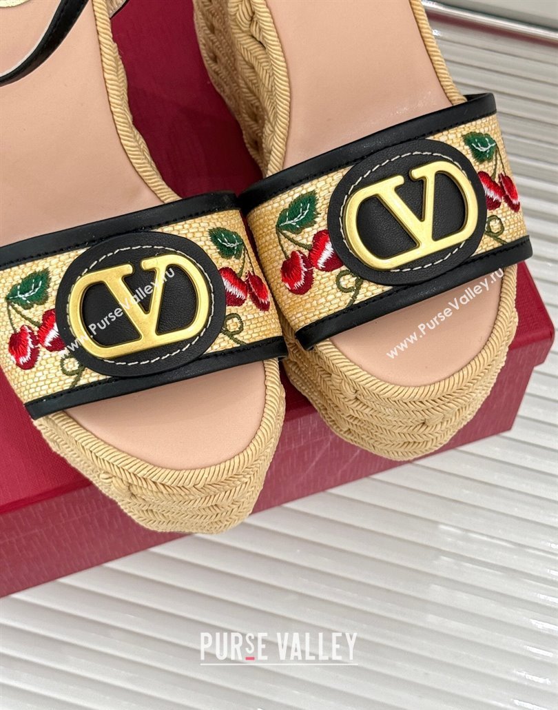 Valentino VLogo Signature Cherryfic Wedge Sandals 12cm in Jacquard Synthetic Raffia and Rope Black 2025 (MD-250428016)