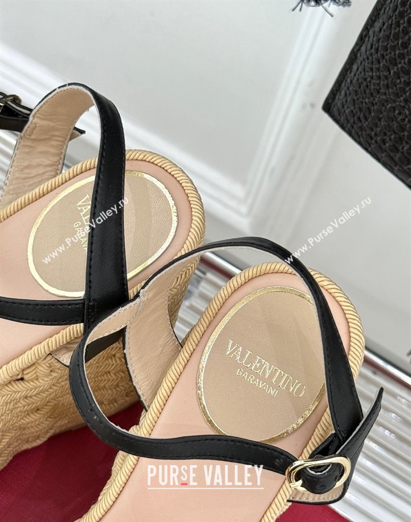 Valentino VLogo Signature Cherryfic Wedge Sandals 12cm in Jacquard Synthetic Raffia and Rope Black 2025 (MD-250428016)