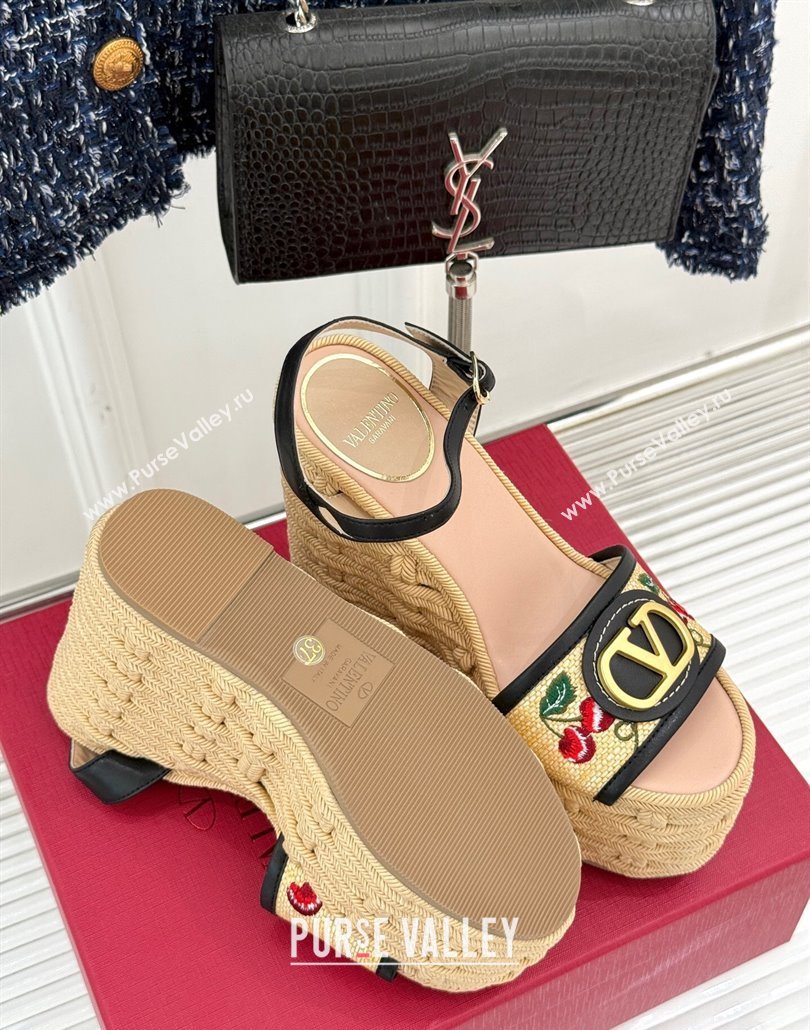 Valentino VLogo Signature Cherryfic Wedge Sandals 12cm in Jacquard Synthetic Raffia and Rope Black 2025 (MD-250428016)