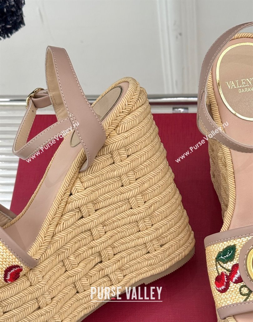 Valentino VLogo Signature Cherryfic Wedge Sandals 12cm in Jacquard Synthetic Raffia and Rope Dusty Pink 2025 (MD-250428017)