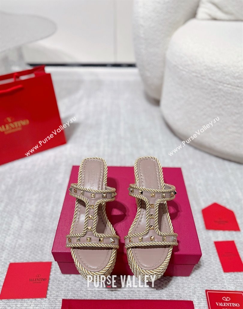 Valentino Rockstud Wedge Slides Sandal 10cm in Nappa Leather and Rope Dusty Pink 2025 VLTN042802 (MD-250428019)