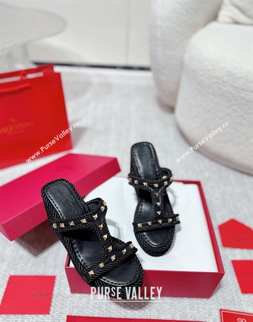 Valentino Rockstud Wedge Slides Sandal 10cm in Nappa Leather and Rope Black 2025 VLTN042802 (MD-250428020)