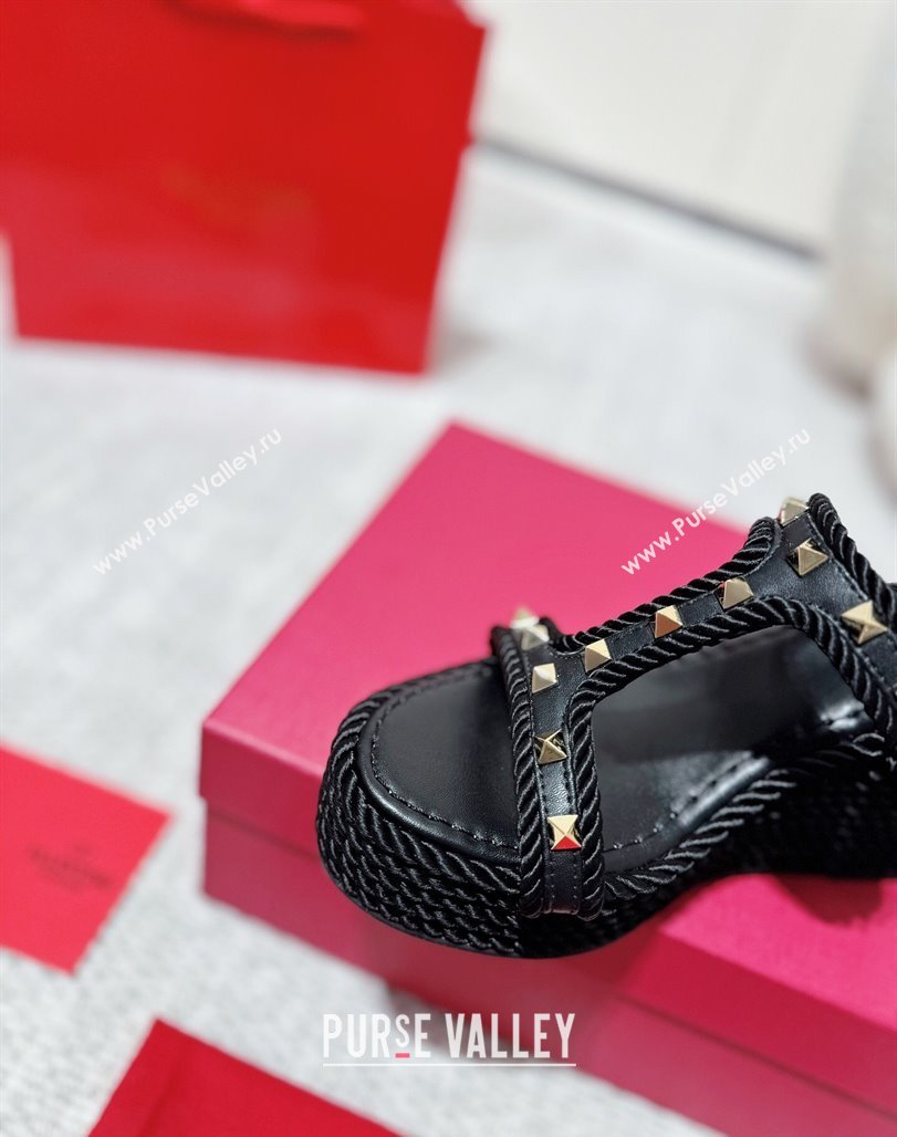 Valentino Rockstud Wedge Slides Sandal 10cm in Nappa Leather and Rope Black 2025 VLTN042802 (MD-250428020)