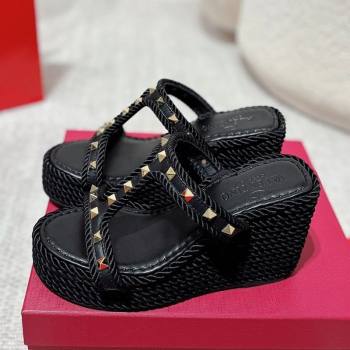 Valentino Rockstud Wedge Slides Sandal 10cm in Nappa Leather and Rope Black 2025 VLTN042802 (MD-250428020)