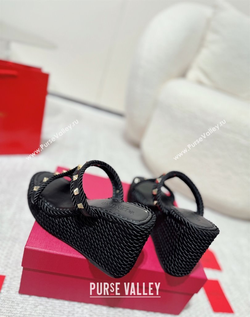 Valentino Rockstud Wedge Slides Sandal 10cm in Nappa Leather and Rope Black 2025 VLTN042802 (MD-250428020)