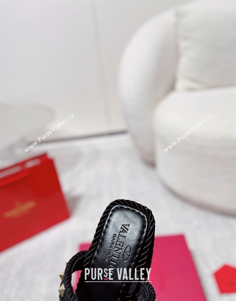 Valentino Rockstud Wedge Slides Sandal 10cm in Nappa Leather and Rope Black 2025 VLTN042802 (MD-250428020)