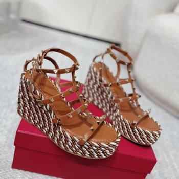 Valentino Rockstud Wedge Sandals 10cm with Calfskin Strap and Rope Brown 2025 VLTN042803 (MD-250428021)