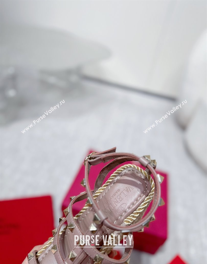 Valentino Rockstud Wedge Sandals 10cm with Calfskin Strap and Rope Dudty Pink 2025 VLTN042803 (MD-250428022)