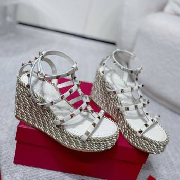 Valentino Rockstud Wedge Sandals 10cm with Calfskin Strap and Rope White 2025 VLTN042803 (MD-250428023)