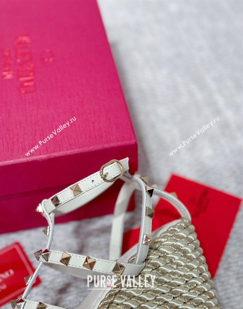 Valentino Rockstud Wedge Sandals 10cm with Calfskin Strap and Rope White 2025 VLTN042803 (MD-250428023)